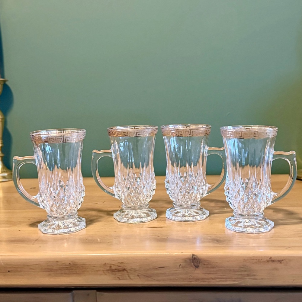 Vintage Astra Gold Cut Crystal Mugs – Gold Greek Key Trim – Set of 4